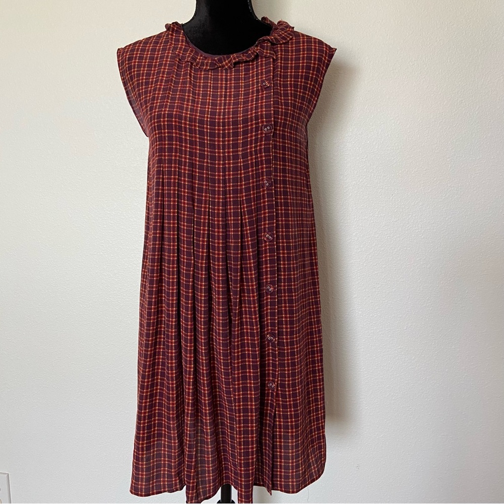 Prada Plaid Babydoll Silk Mini Dress with Ruffles Trim Neck